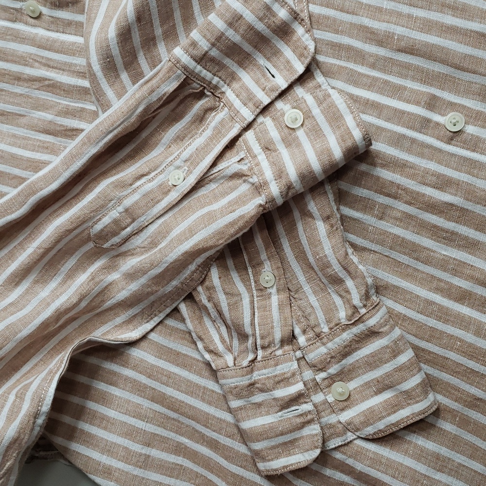 Uniqlo 100% Linen Stripe Button Up Shirt Size L Layer Coastal Everyday - Picture 14 of 16